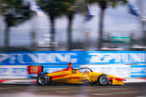 Photo of race car driver Jamie Chadwick car #28 driving on the streets of St. Petersburg, Florida