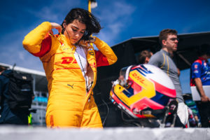 Photo of Andretti race car driver Jamie Chadwick in her driver suit at the Indy NXT race in St Petersburg, Florida