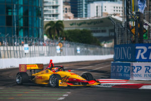 Photo of race car driver Jamie Chadwick car #28 driving on the streets of St. Petersburg, Florida