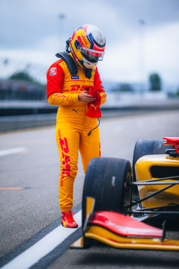 Photo of Jamie Chadwick suited up ready for the INDY NXT race in Madison IL