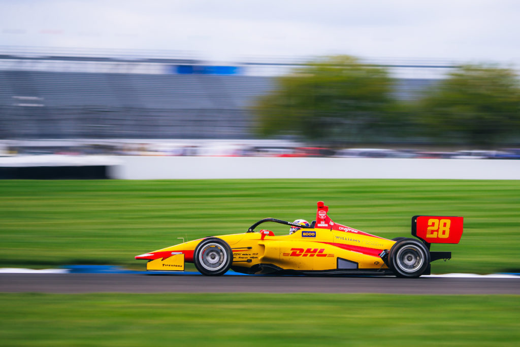 Photo of Andretti's #28 car on the Indy GP road course at Indianapolis Motor Speedway